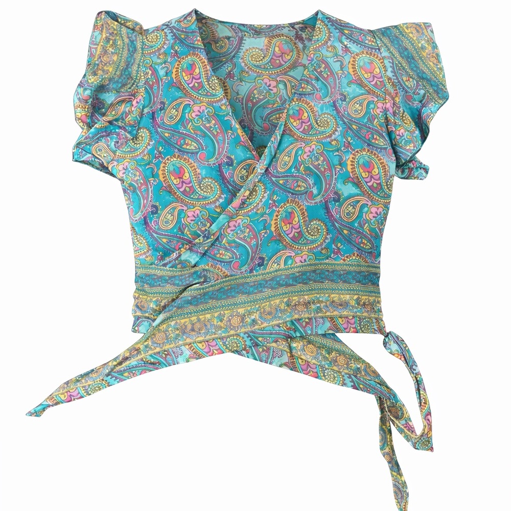 Big Bull Paisley Boho Silk Blend Wrap Top Flutter Sleeve OS Preowned